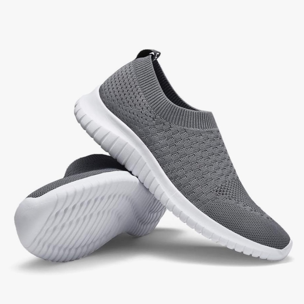 Gray and White Slip-On Athletic Shoes with Breathable Knit